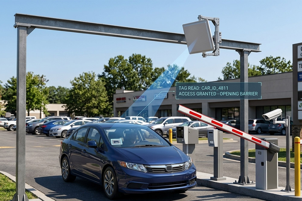Can RFID Read Moving Vehicles? Yes, If the System Is Designed for It 1 Long range RFID reader identifying a moving vehicle at a parking entrance