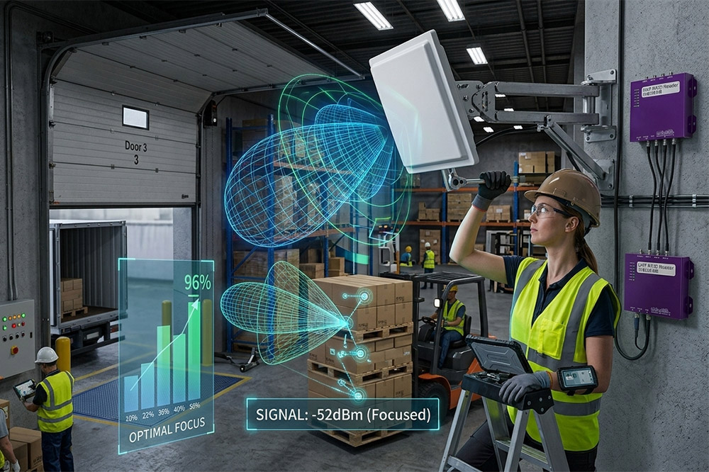 How Do I Increase RFID Read Range? Start with the Installation Before Buying New Hardware 1 Engineer adjusting an RFID antenna to improve reading distance