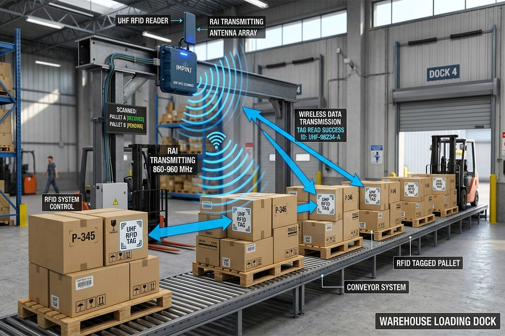 Long Range RFID Scanner: Complete Guide for Industrial RFID Projects 1 Diagram showing a fixed UHF RFID scanner automatically identifying multiple pallet RFID tags