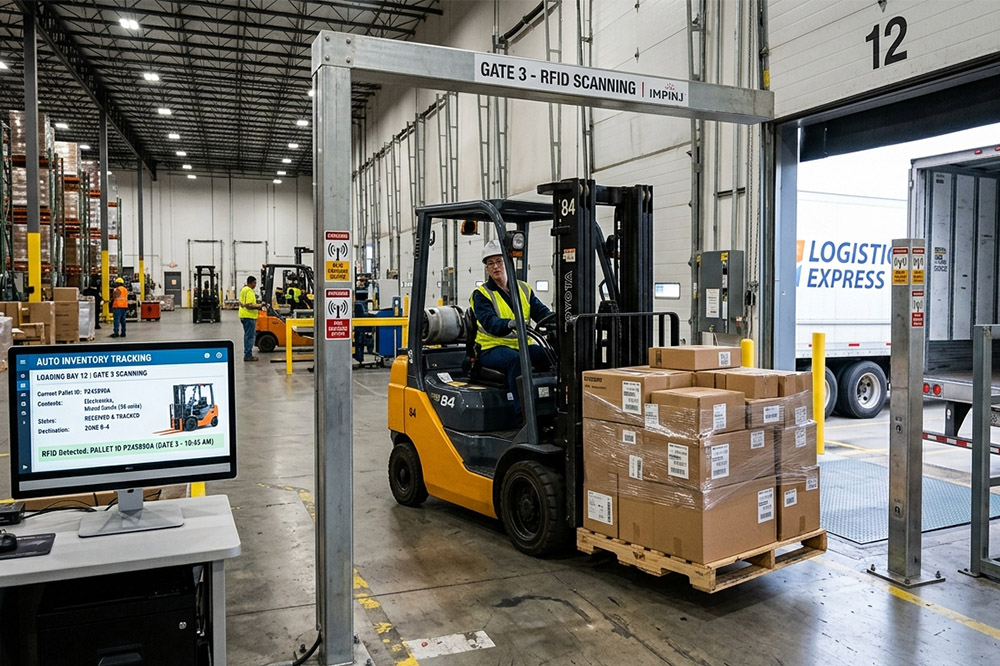 Long Range RFID Scanner: Complete Guide for Industrial RFID Projects 2 Forklift carrying RFID tagged pallets through an industrial long range RFID scanner at a warehouse dock door