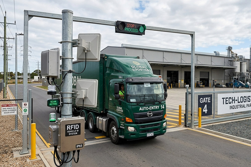Long Range RFID Scanner: Complete Guide for Industrial RFID Projects 3 Outdoor long range RFID scanner installed above a vehicle entrance gate with directional antennas