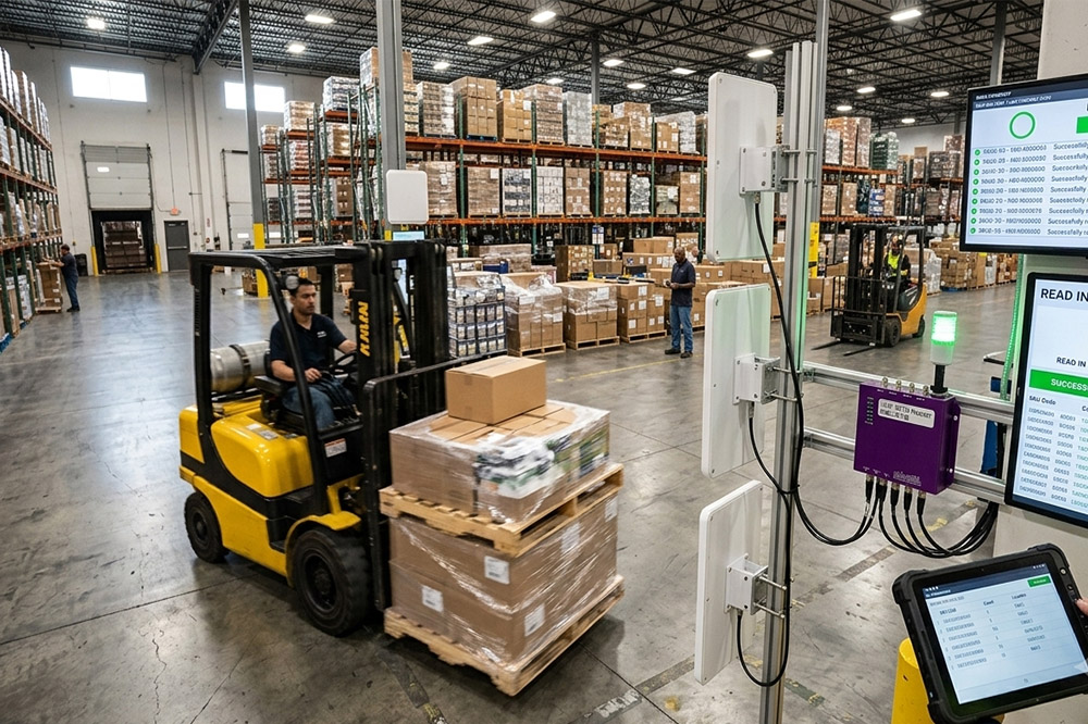 Long Range RFID Scanner for Warehouse: What Actually Matters in Daily Operations 3 Forklift moving through a long range RFID scanner while transporting tagged pallets