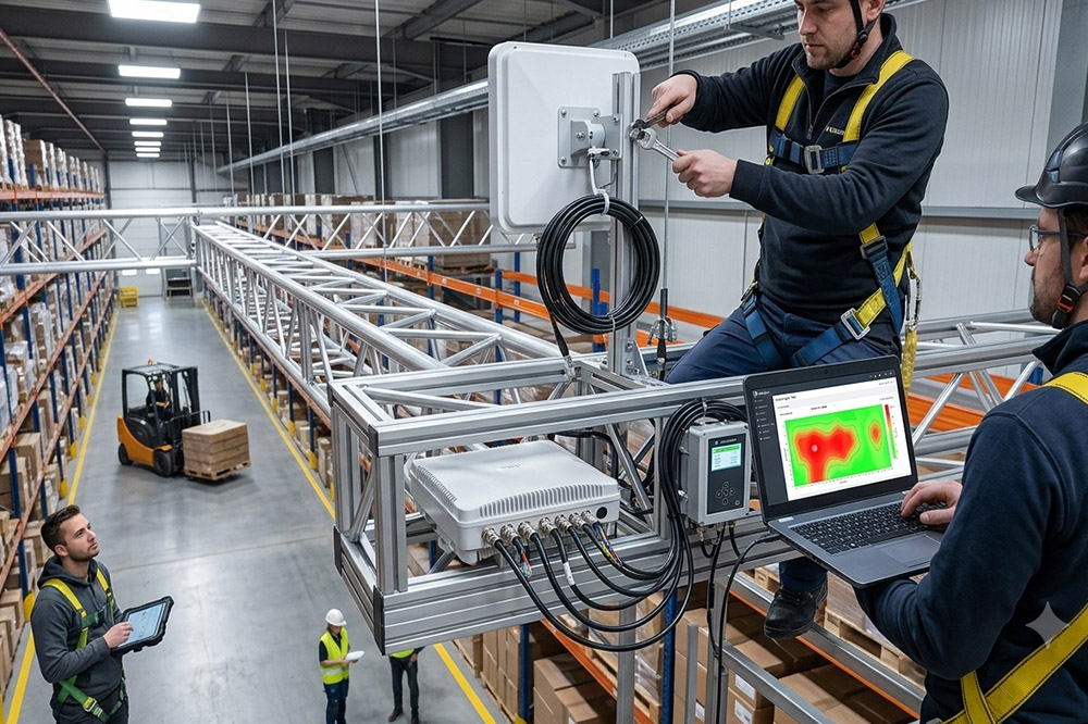 Long Range RFID Scanner for Warehouse: What Actually Matters in Daily Operations 4 Engineers installing long range RFID scanners and directional antennas inside a warehouse