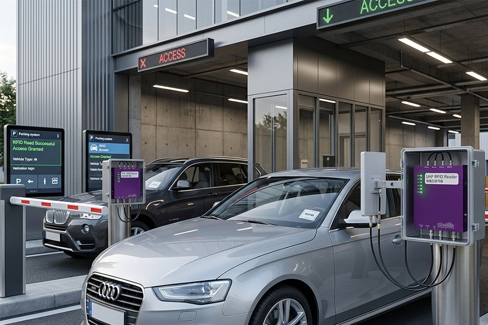 Long range RFID scanner detecting vehicle tags at parking gate entrance