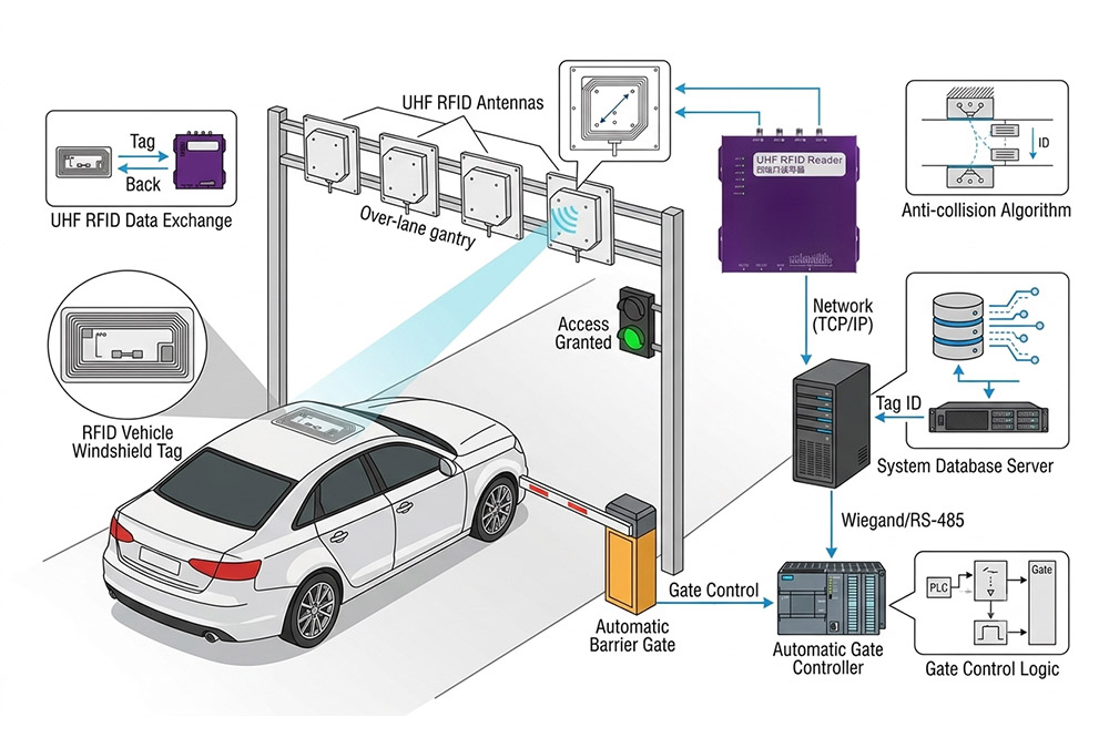 Diagram showing RFID reader antenna vehicle tag and parking management software connection