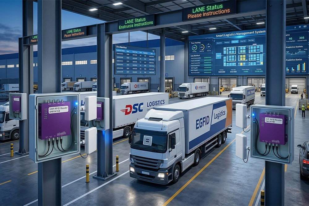 Long range RFID scanner identifying trucks entering logistics yard