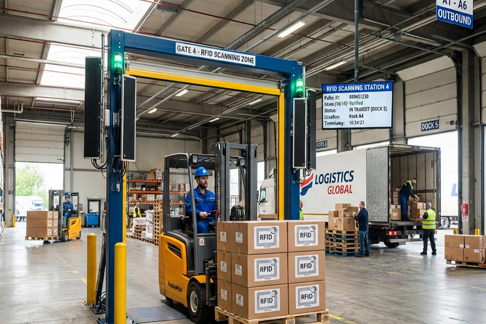 Long Range RFID Scanner for Logistics Centers: What Actually Matters in Daily Operations 1 Long range RFID scanner reading multiple tagged pallets at a warehouse loading dock
