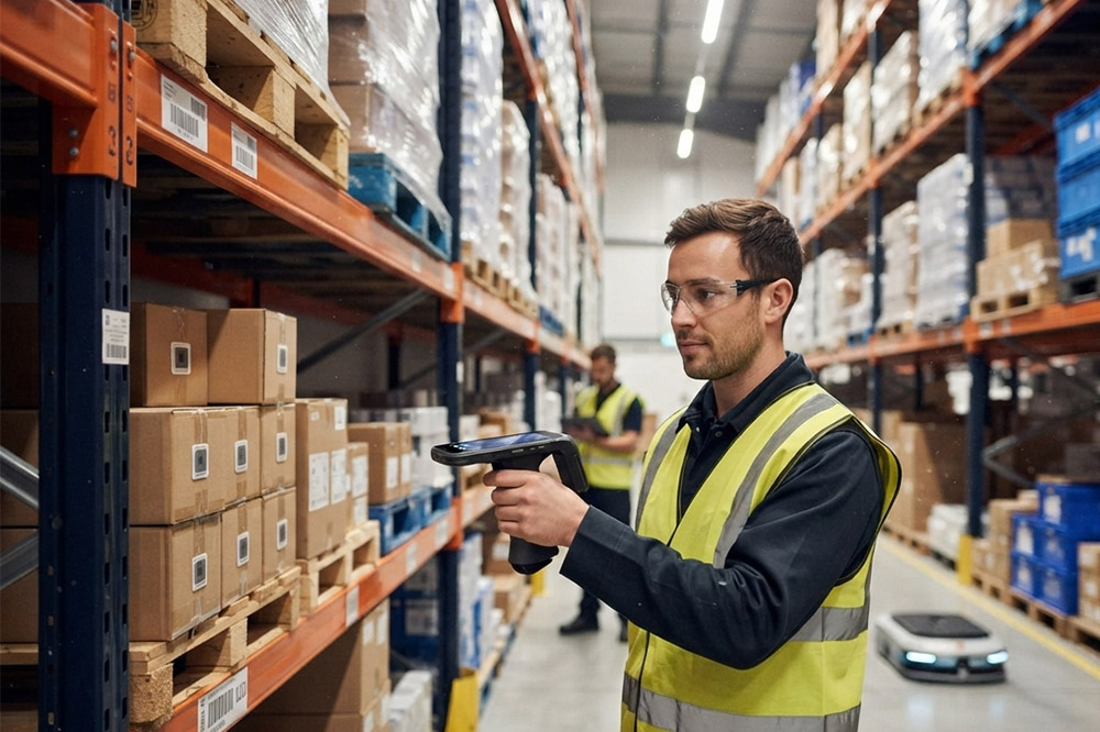 Long Range RFID Scanner for Logistics Centers: What Actually Matters in Daily Operations 2 Warehouse employee performing inventory counting with a handheld UHF RFID scanner