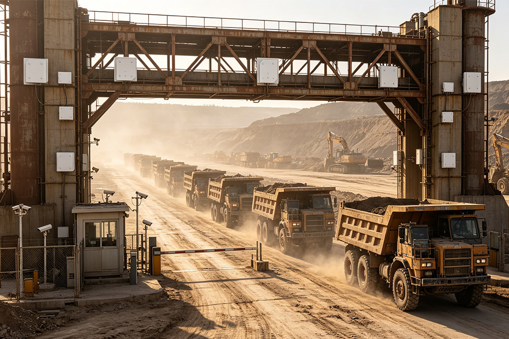 Long Range RFID Scanner for Mining Sites: What Actually Works in Harsh Mining Environments 2 Mining trucks passing through an RFID vehicle identification gate