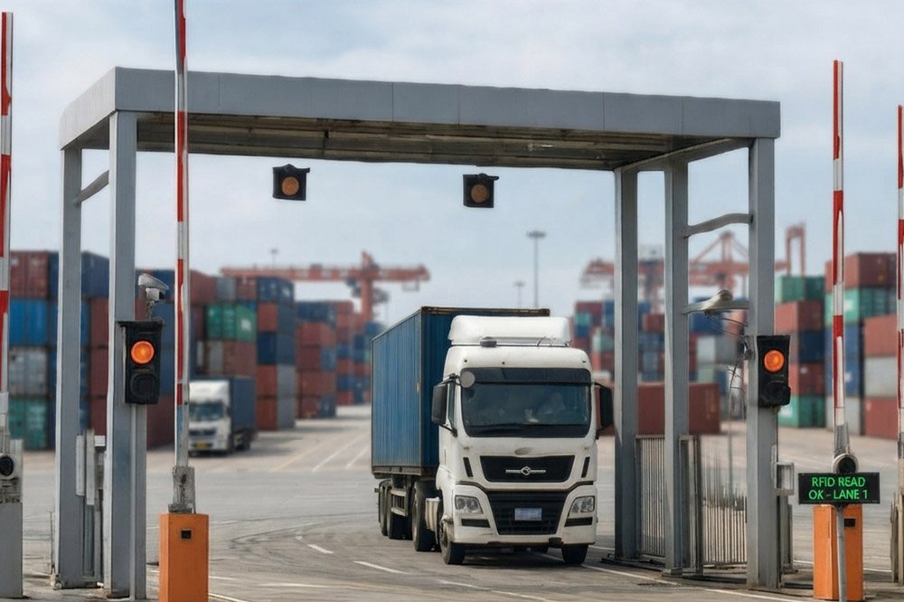 Truck passing through a long range RFID gate at a container terminal