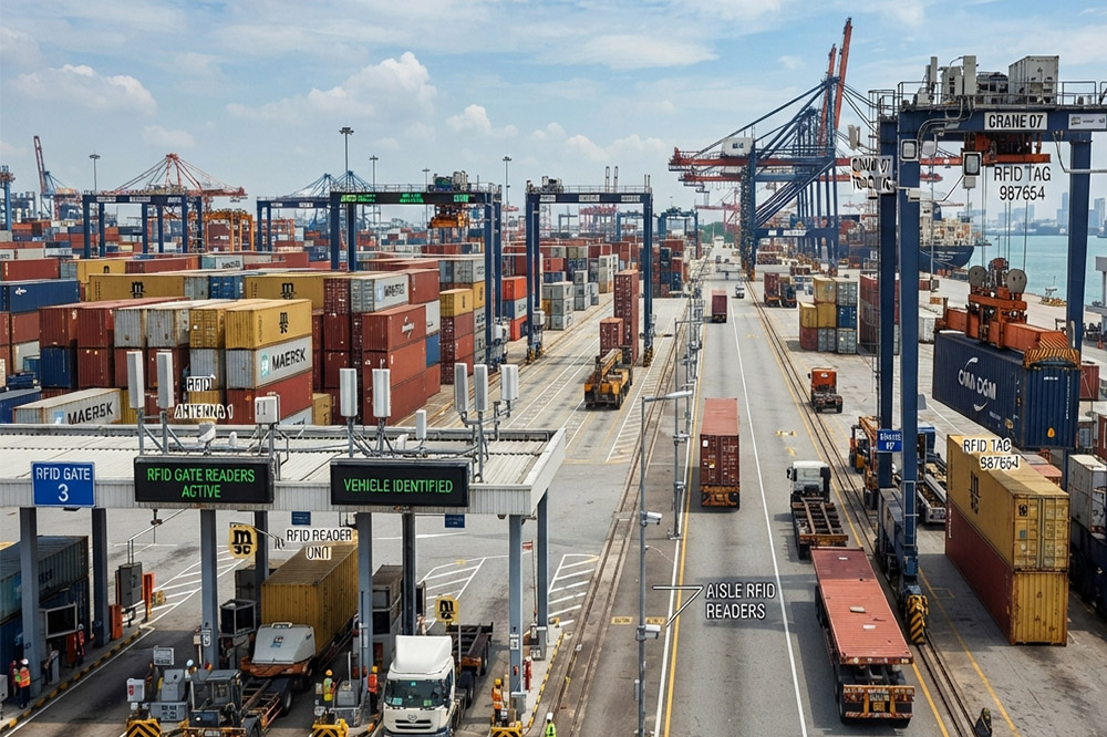 RFID readers deployed across gate, crane lane, and storage blocks in a container yard