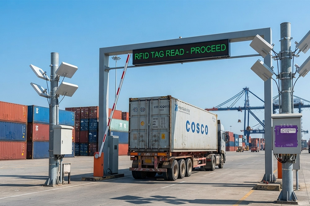 Long Range RFID Scanner for Ports: Why More Ports Are Investing in RFID Instead of Adding More Staff 1 Container truck passing through a long range RFID gate at a busy seaport