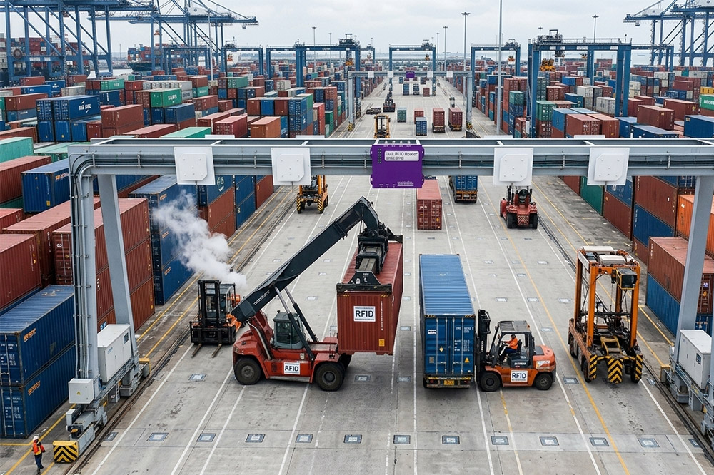 Long Range RFID Scanner for Ports: Why More Ports Are Investing in RFID Instead of Adding More Staff 2 Industrial RFID reader tracking shipping containers moving through a container terminal