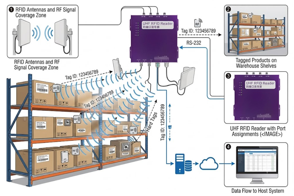 How long range RFID scanner communicates with RFID tags in warehouse applications