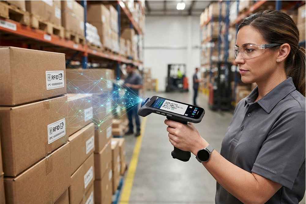 How to Check If RFID Tag Is Working Before Using It in Your Project 1 Handheld RFID reader scanning RFID tags on warehouse products