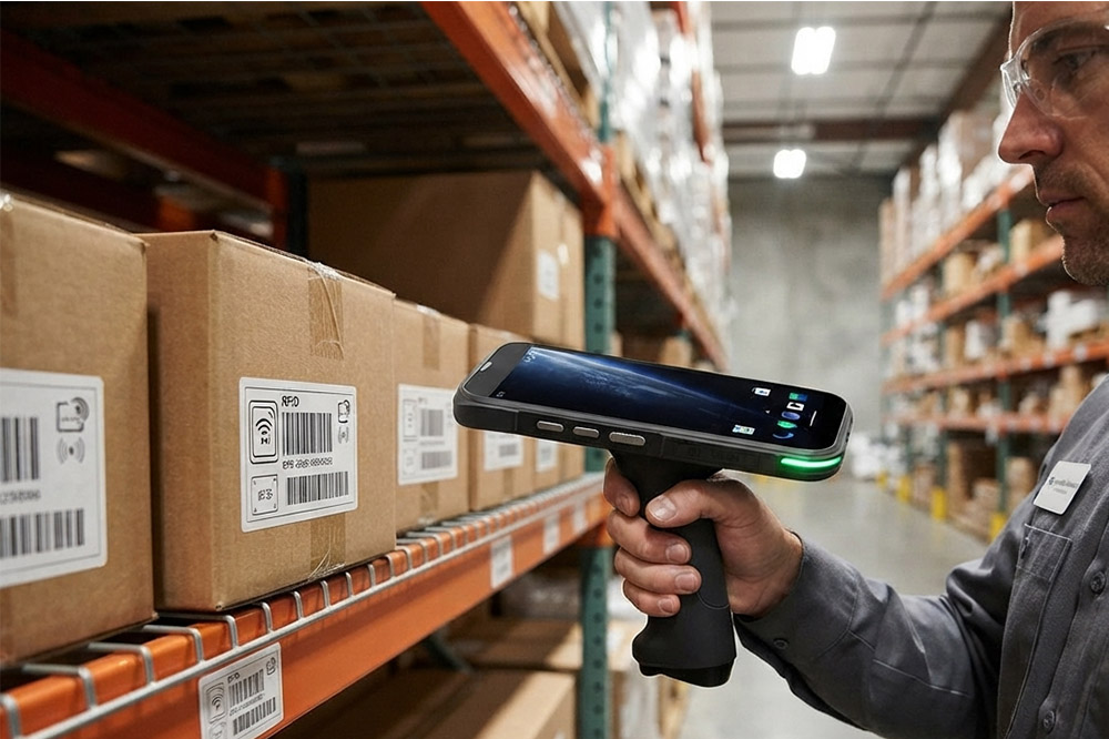 Handheld RFID reader scanning product tags in warehouse