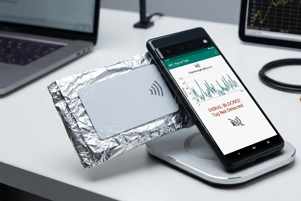 RFID card wrapped with aluminum foil during signal blocking test