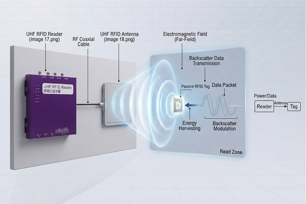 RFID antenna working principle showing signal communication between reader and RFID tag