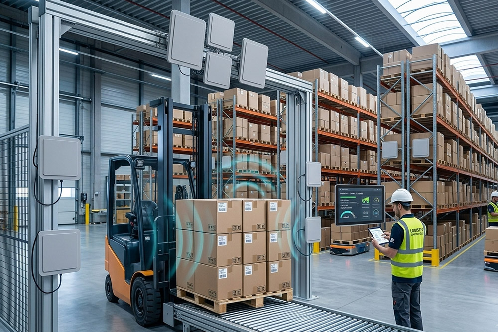 UHF RFID antenna installed in warehouse inventory tracking system