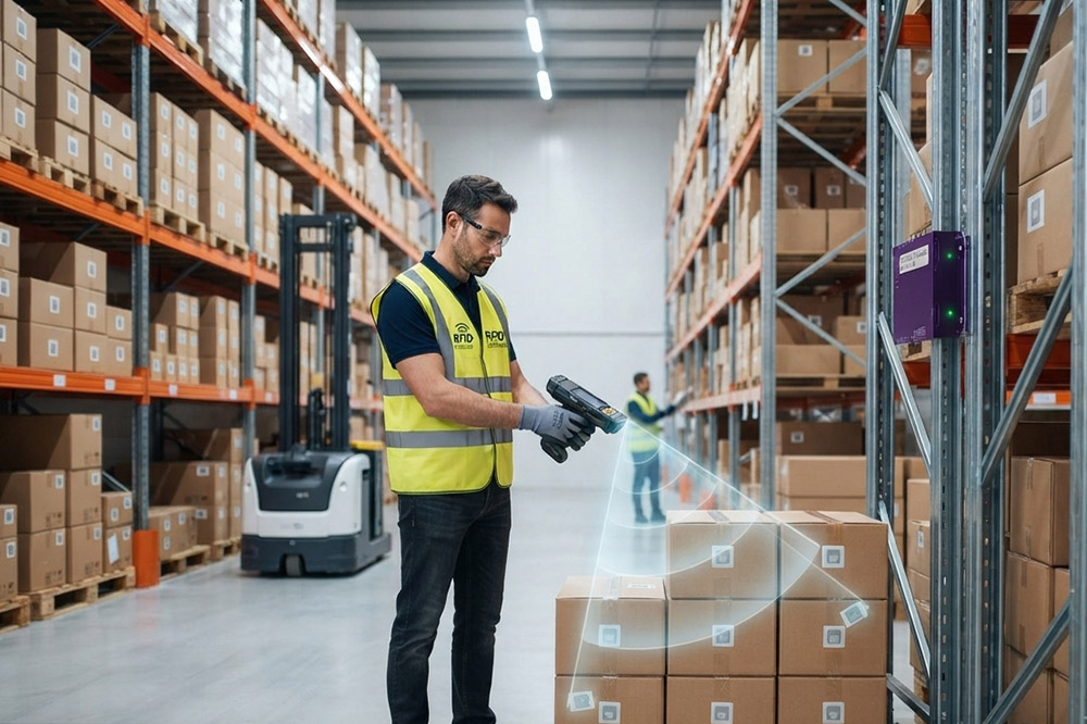 Worker using long range UHF RFID scanner for warehouse inventory tracking