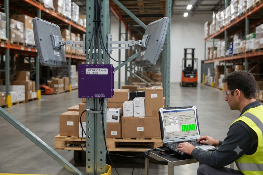 Fixed UHF RFID reader installation on warehouse rack for inventory tracking