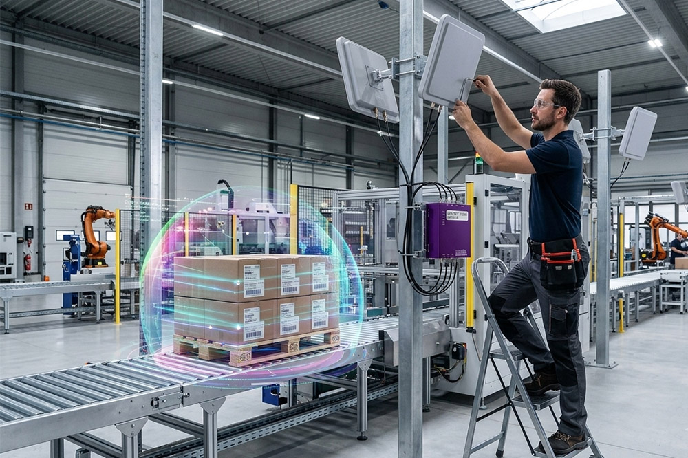 Engineer testing long range RFID scanner signal performance during installation