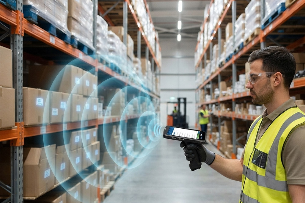 Worker using handheld RFID scanner for warehouse inventory management