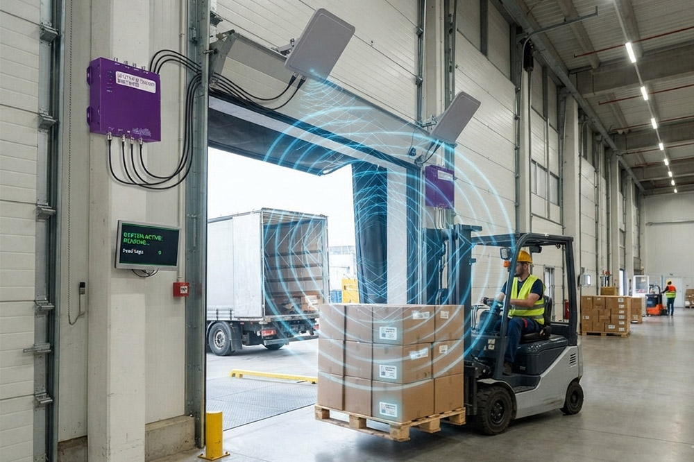 Fixed RFID reader automatically identifying tagged pallets at warehouse entrance