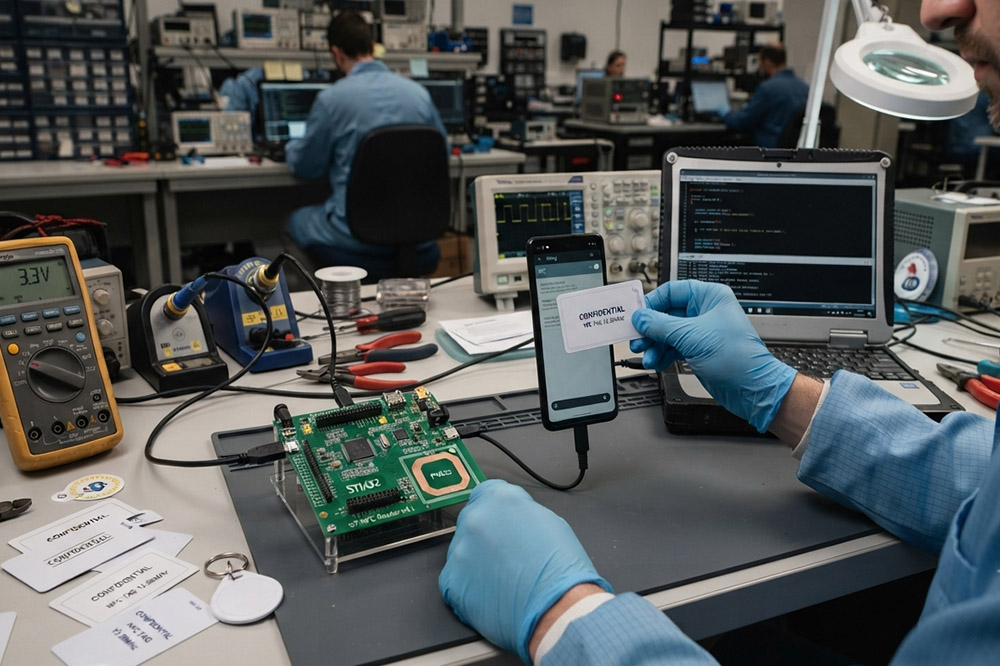Engineer testing NFC reader module with Android smartphone