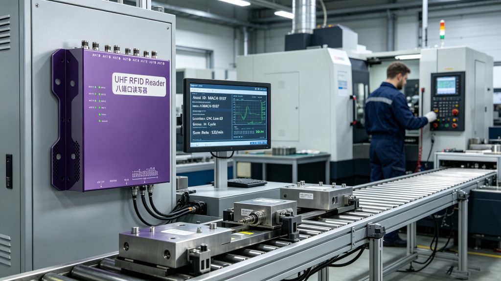 RFID Asset Tracking Manufacturing: How Manufacturers Achieve Complete Asset Visibility 1 Cykeo RFID reader tracking manufacturing equipment in factory