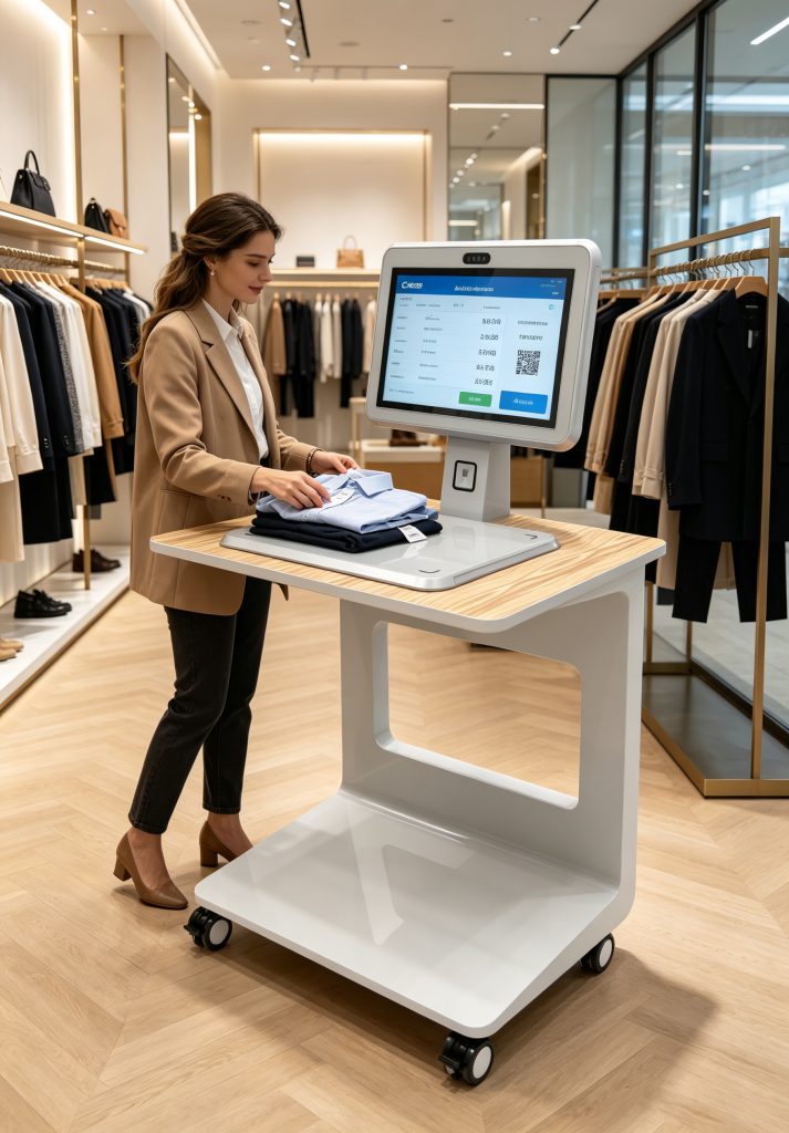 Retail RFID Technology: How Does RFID Transform Modern Self-Checkout and Smart Retail? 1 Cykeo retail RFID technology self-checkout kiosk in a European fashion store