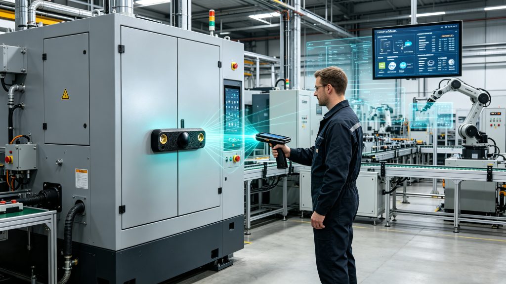 Cykeo anti metal RFID tag attached to a steel industrial machine inside a European factory