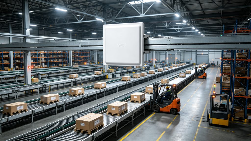 Lectores RFID de Largo Alcance: Why Are They Essential for Industrial RFID Automation? 2 Cykeo integrated RFID reader monitoring RFID-tagged pallets inside an automated warehouse
