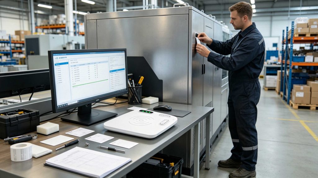 How to Replace RFID Sticker: A Practical RFID Tag Replacement Guide 1 Technician replacing RFID sticker and testing new RFID tag performance with Cykeo RFID equipment