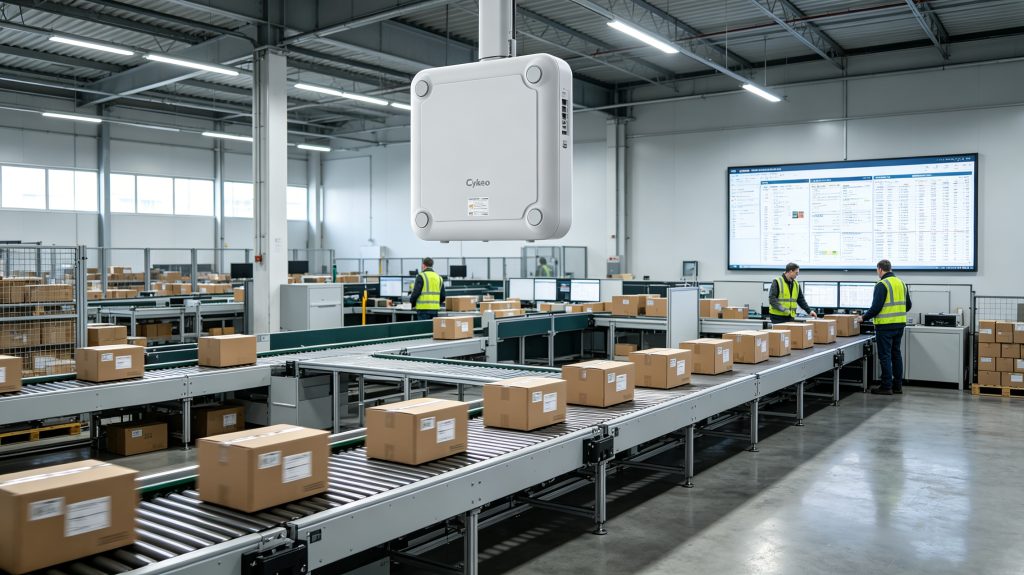 Antenna RFID UHF: How to Choose the Right UHF RFID Antenna for Maximum Reading Performance 1 Cykeo UHF RFID antenna mounted above a conveyor reading RFID-tagged cartons inside a European logistics warehouse