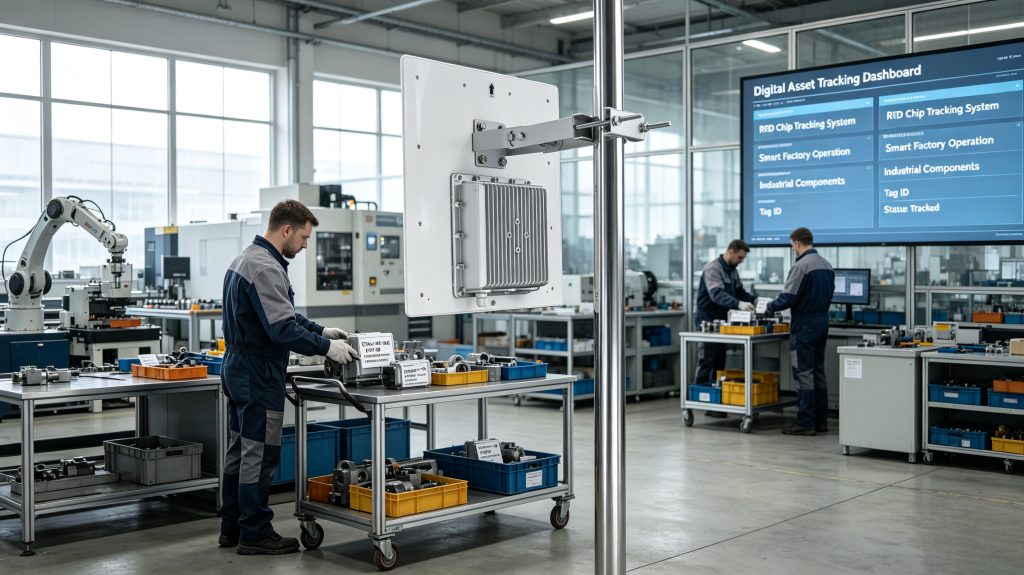 Cykeo RFID chip tracking solution with tagged industrial components and RFID reader in a European smart factory