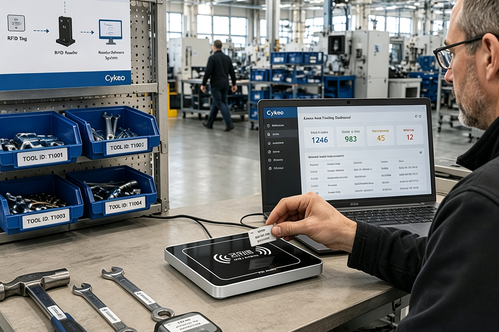 RFID tracking system showing tagged industrial assets, RFID reader identification, and digital asset management workflow in a European factory
