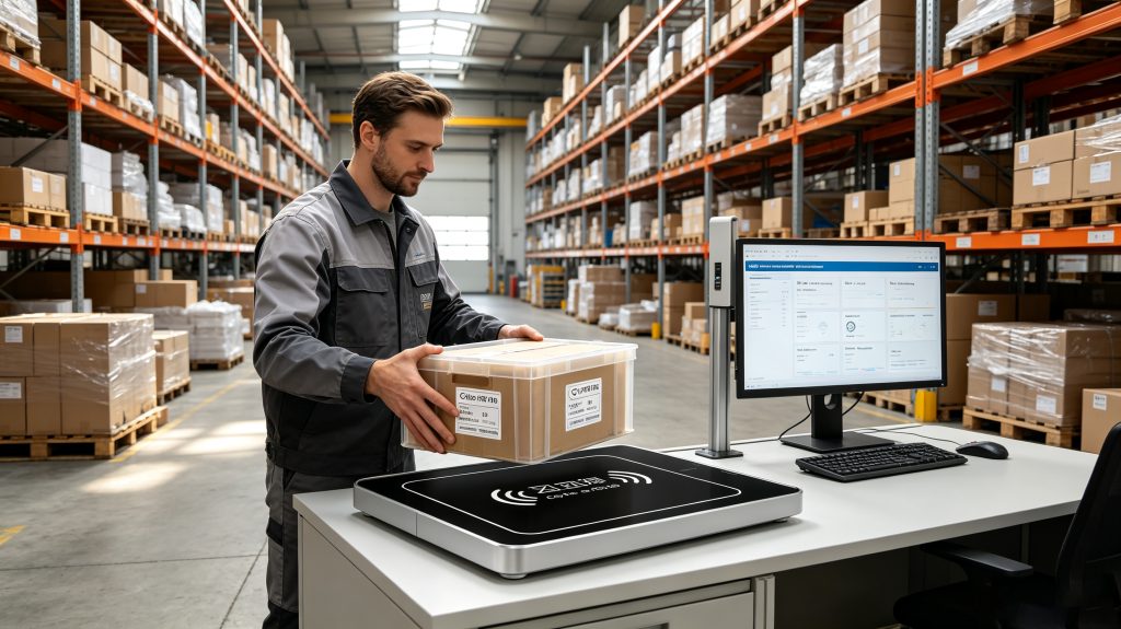 What Are RFID Labels and How Do They Enable Smarter Identification and Tracking? 1 Cykeo RFID labels attached to products in a smart warehouse inventory tracking system