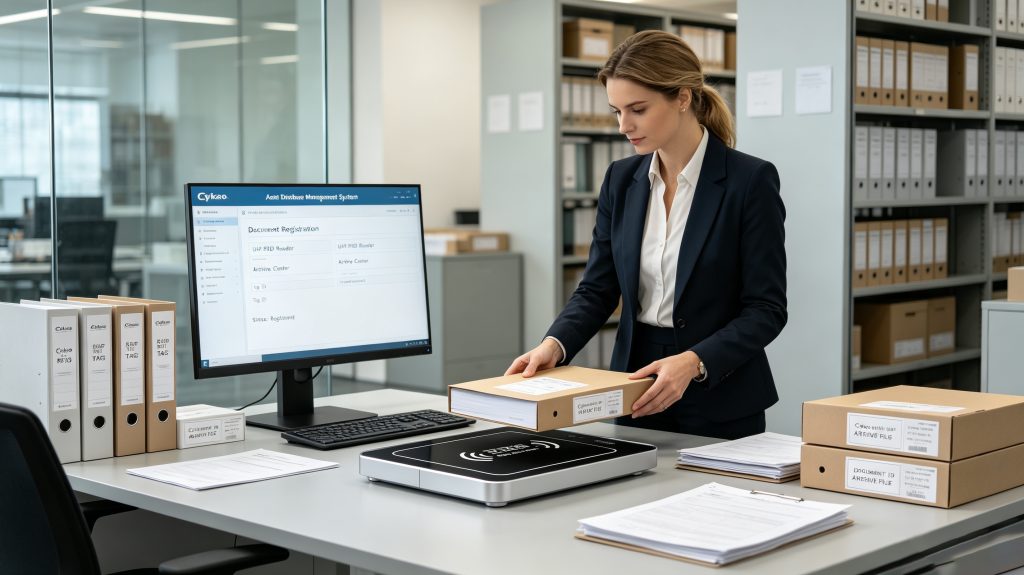 What Is RFID Reader and How Does It Enable Smart Identification? 2 Cykeo RFID reader workstation used for archive document tracking and asset identification