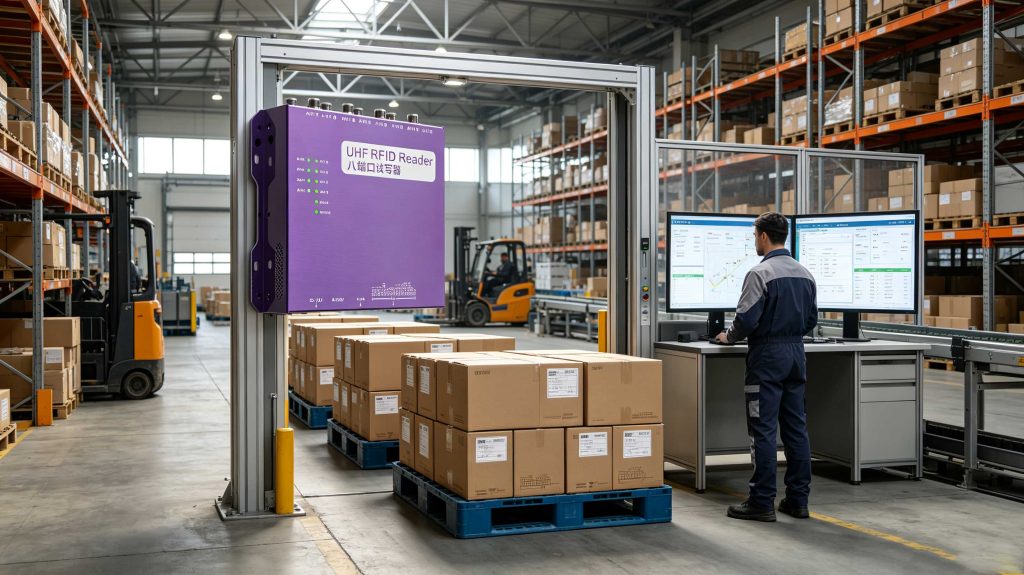 What Is UHF RFID: Understanding Ultra High Frequency RFID Technology 1 Cykeo UHF RFID reader tracking tagged products in a modern European warehouse