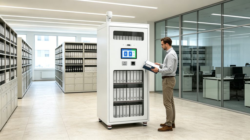 13.56 MHz RFID: How Does It Enable Intelligent Archive and Document Management? 1 Cykeo 13.56 MHz RFID smart archive cabinet managing document files inside a modern European office