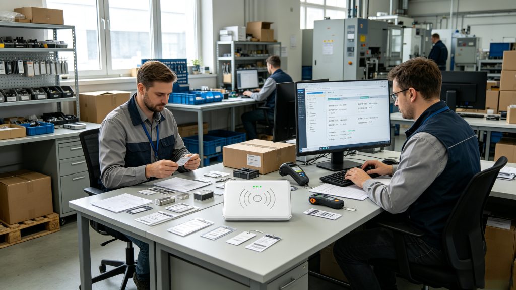 Operator using Cykeo RFID desktop reader to encode RFID tags for product management