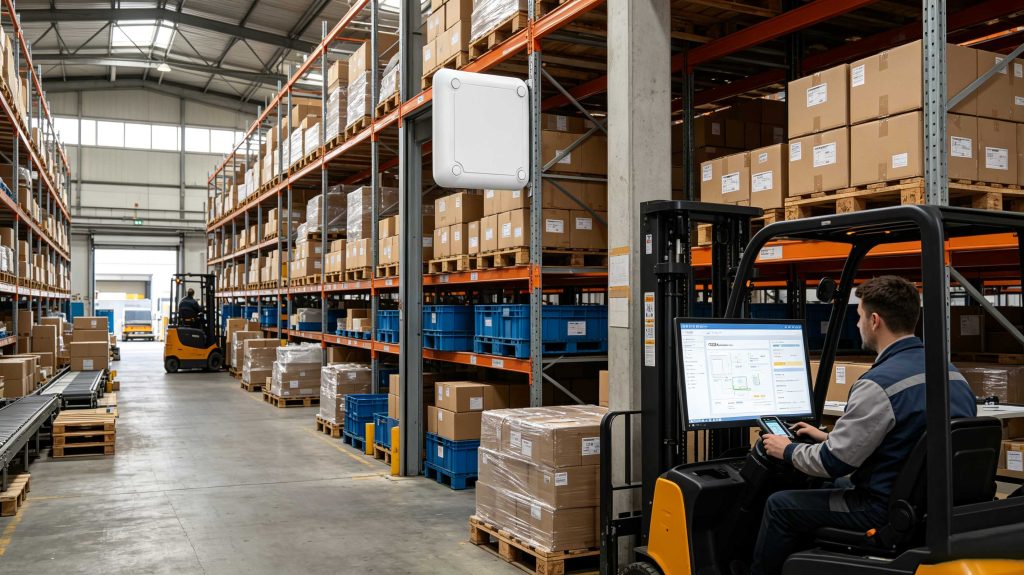 How Does RFID Technology Work: Complete Guide to RFID Systems 1 Cykeo RFID tag communicating with UHF RFID reader in a modern European warehouse