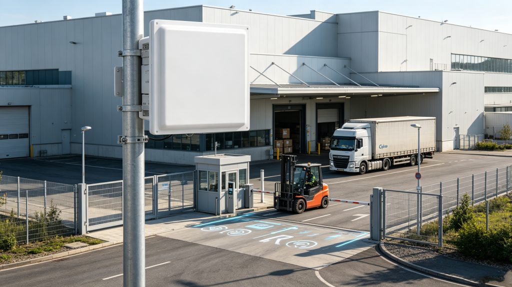 Lectores RFID de Largo Alcance: Why Are They Essential for Industrial RFID Automation? 1 Cykeo long range UHF RFID reader installed at an industrial vehicle access gate