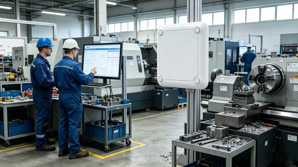 Cykeo UHF RFID reader tracking industrial tools and equipment in a European factory