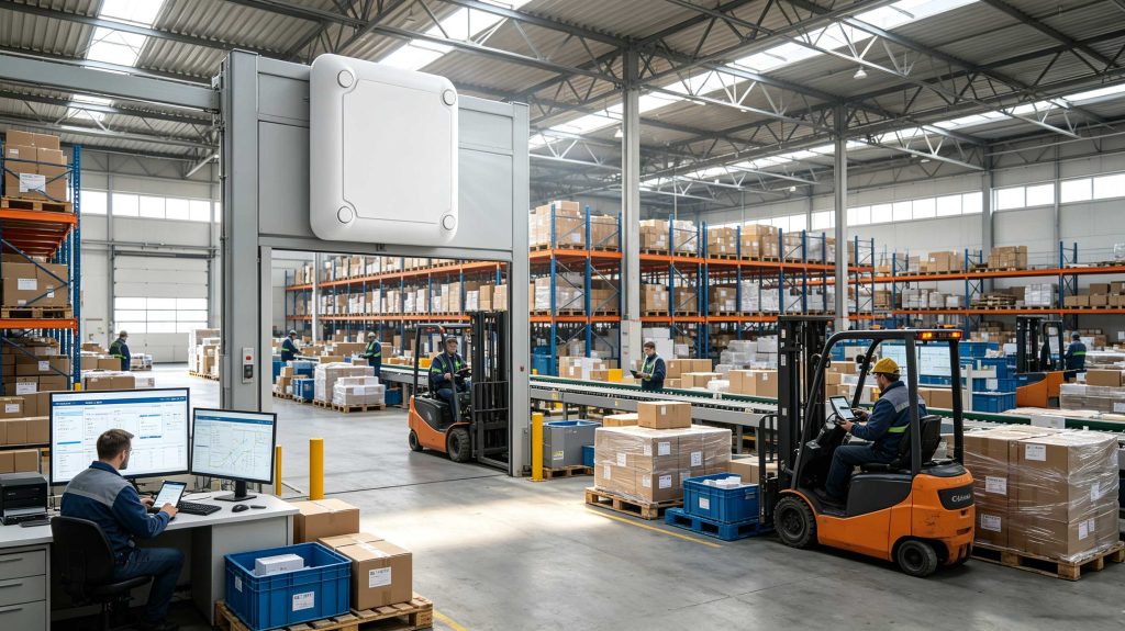 Cykeo RFID tracking system showing tagged assets detected by UHF RFID readers in a European warehouse