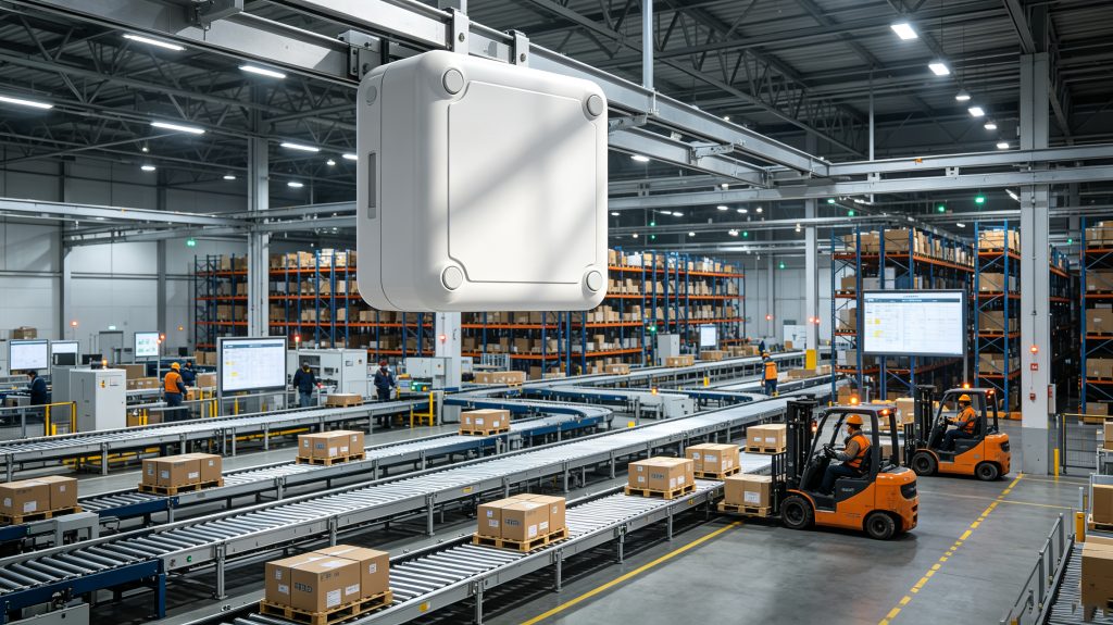Cykeo RA9L long reader monitoring RFID-tagged pallets inside a European warehouse
