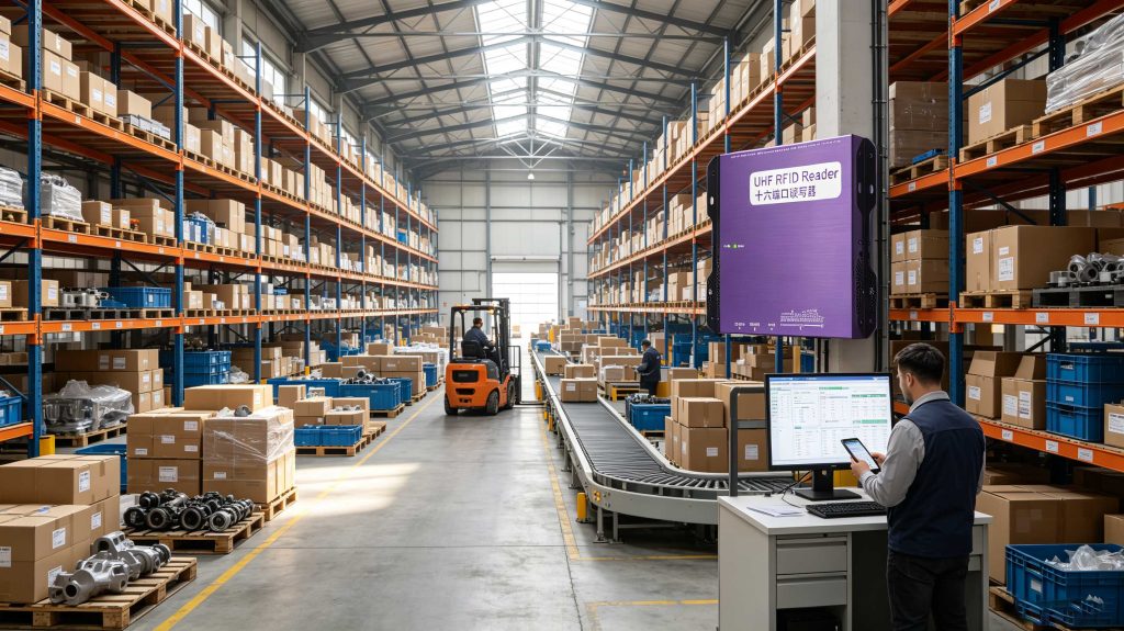 How Does RFID Tag Work: Understanding RFID Tag Technology 1 Cykeo RFID tag communicating with an RFID reader in a European warehouse environment