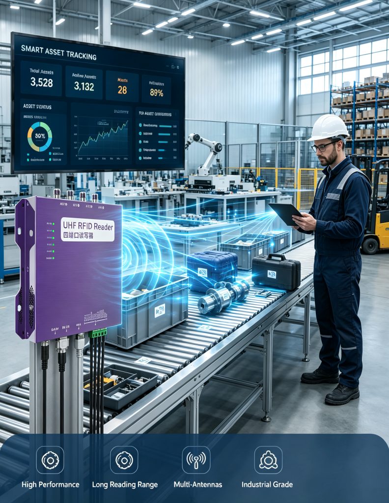 Cykeo RFID tags attached to industrial assets with automated tracking workflow in European manufacturing facility