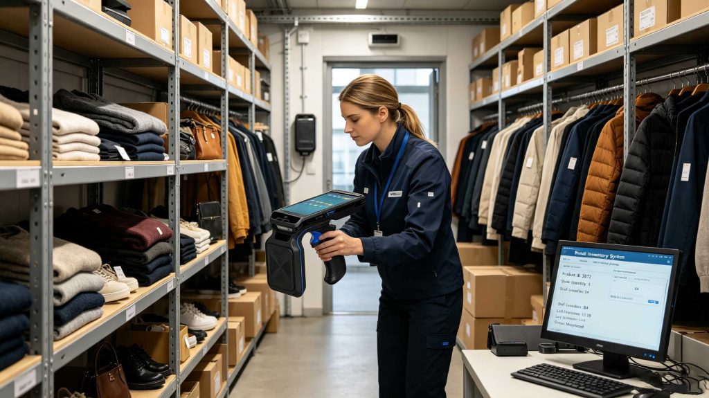 RFID system locating tagged retail items in a European store stockroom